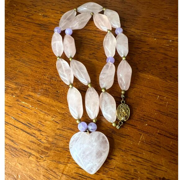 Hand Crafted Jewelry - Heart Rose Quartz and Lavender Jade Necklace Gold Vermeil